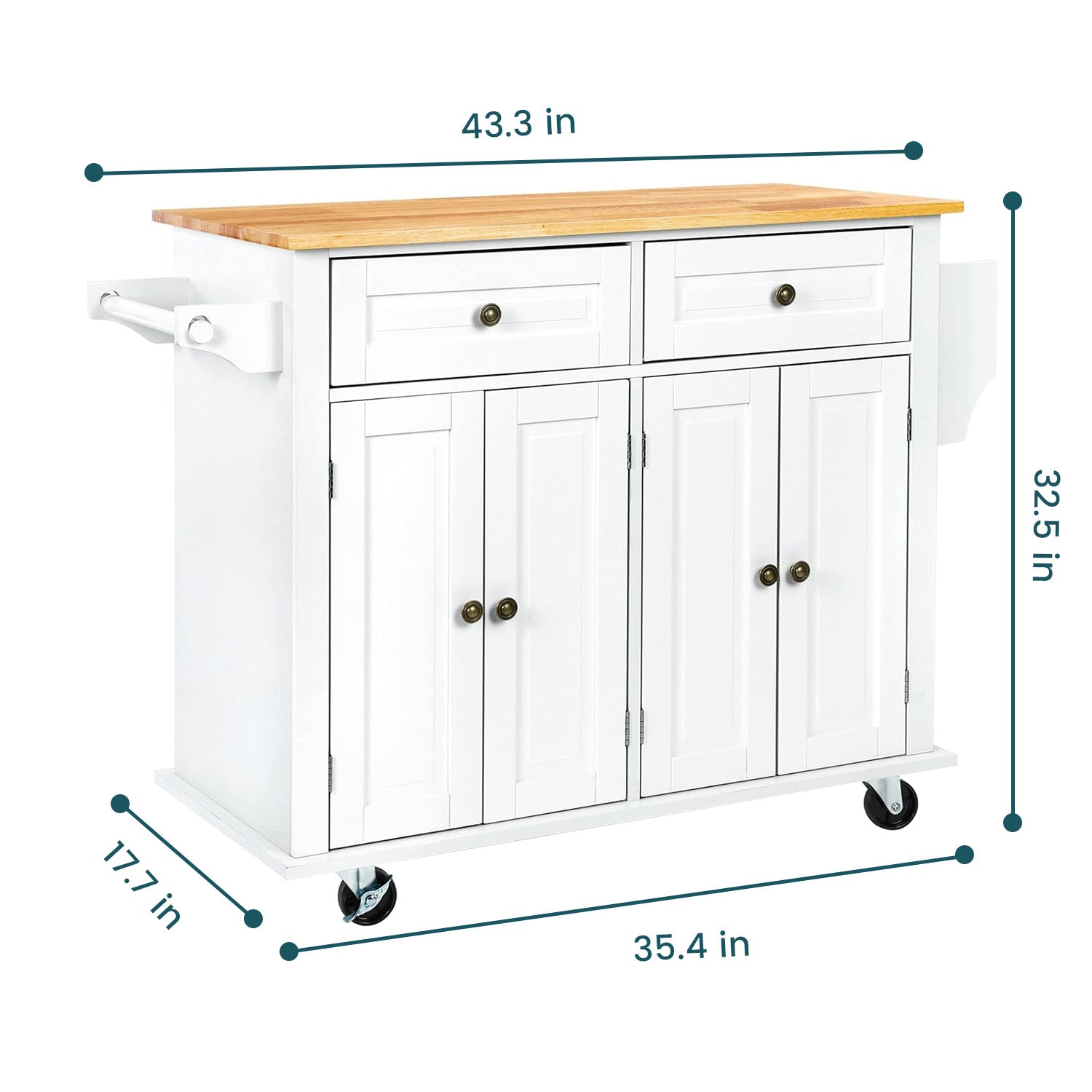 Wide Rolling Kitchen Island 43.3 Inches with Storage, Solid Wood Top and Locking Wheels