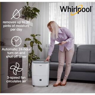 Whirlpool 30-Pint Portable Dehumidifier with 24-Hour Timer Auto Shut-Off Easy-Clean Filter Auto-Restart and Wheels WHAD301CW