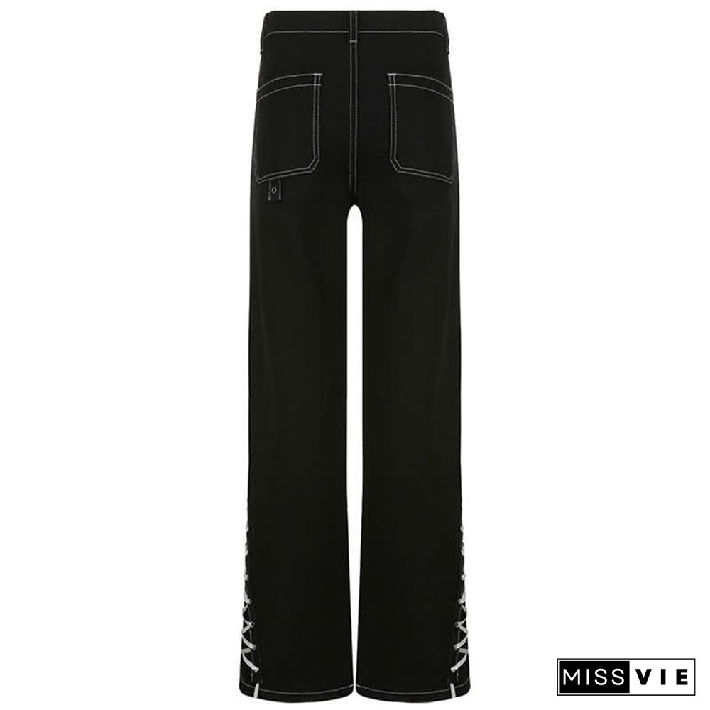 Gothic Bandage Lace Up Straight Baggy Denim  Pants