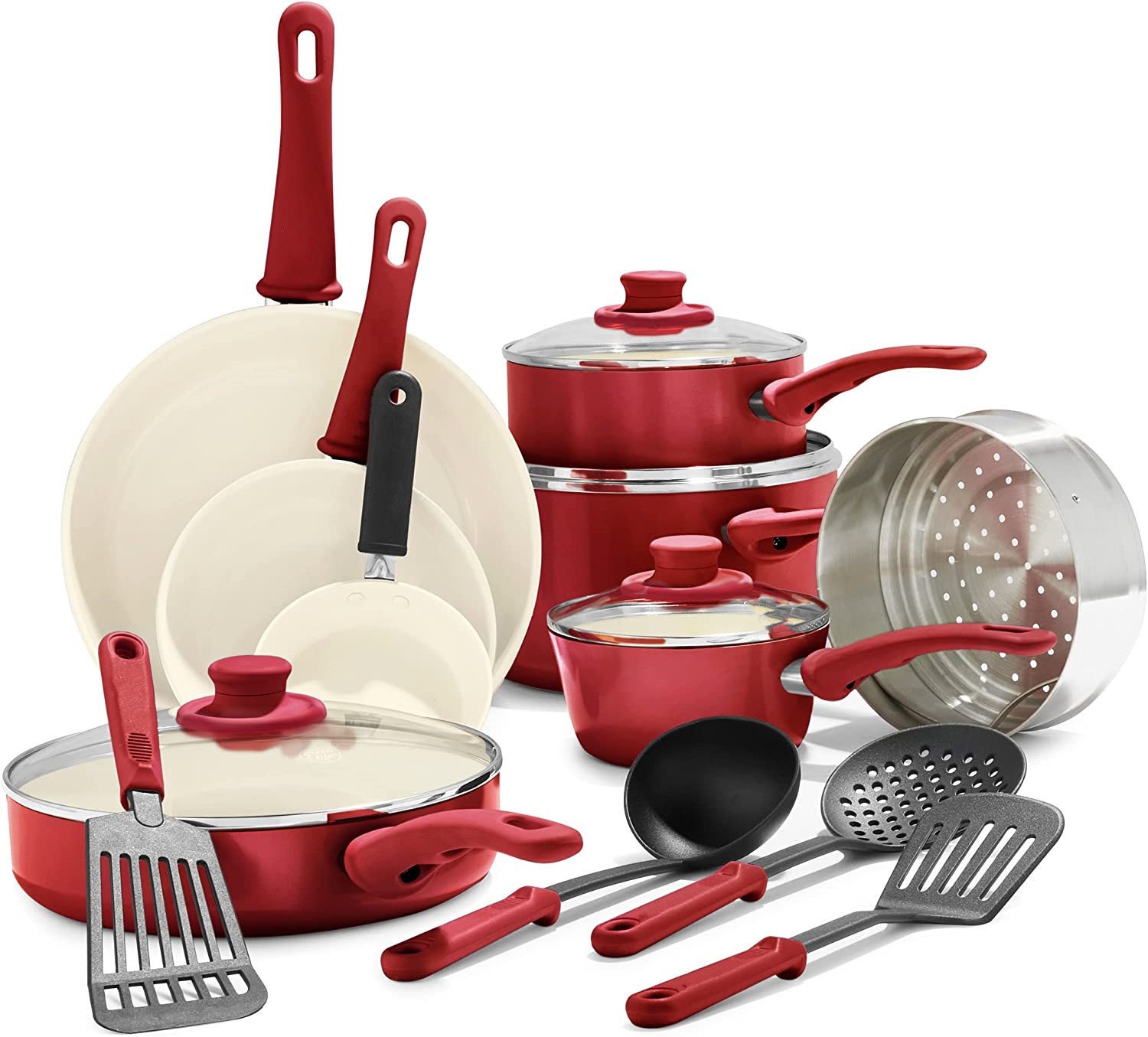 Nonstick 16 Piece Cookware Pots and Pans Set, PFAS-Free, Dishwasher Safe, Red