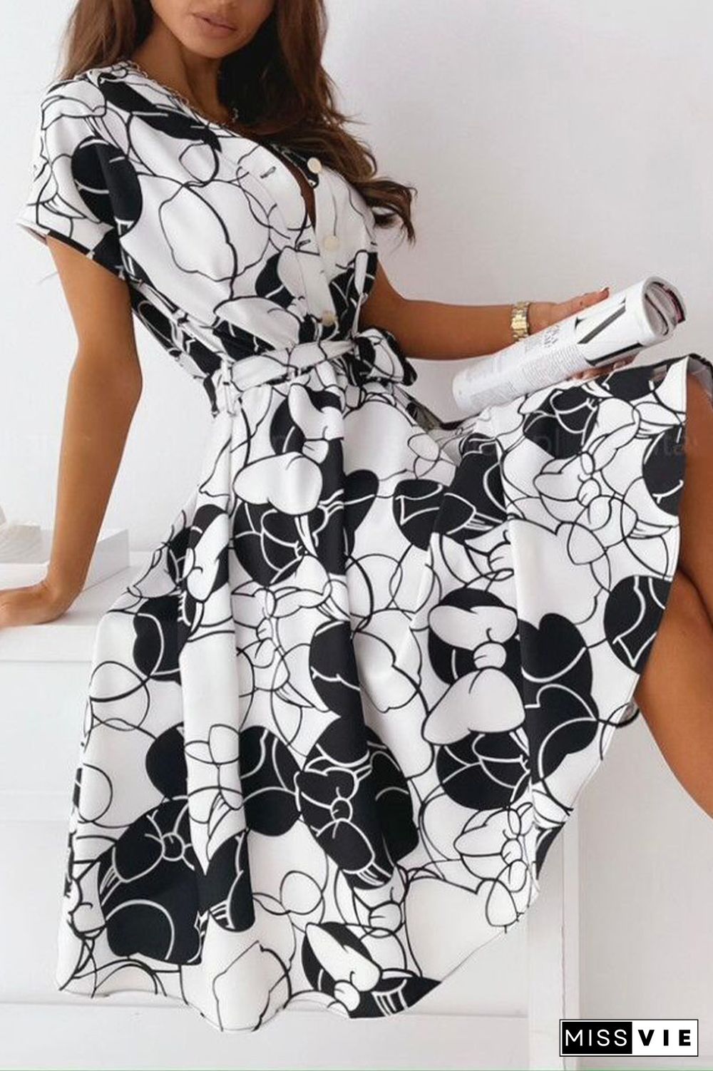 Celebrities Elegant Print Patchwork V Neck Shirt Dress Dresses