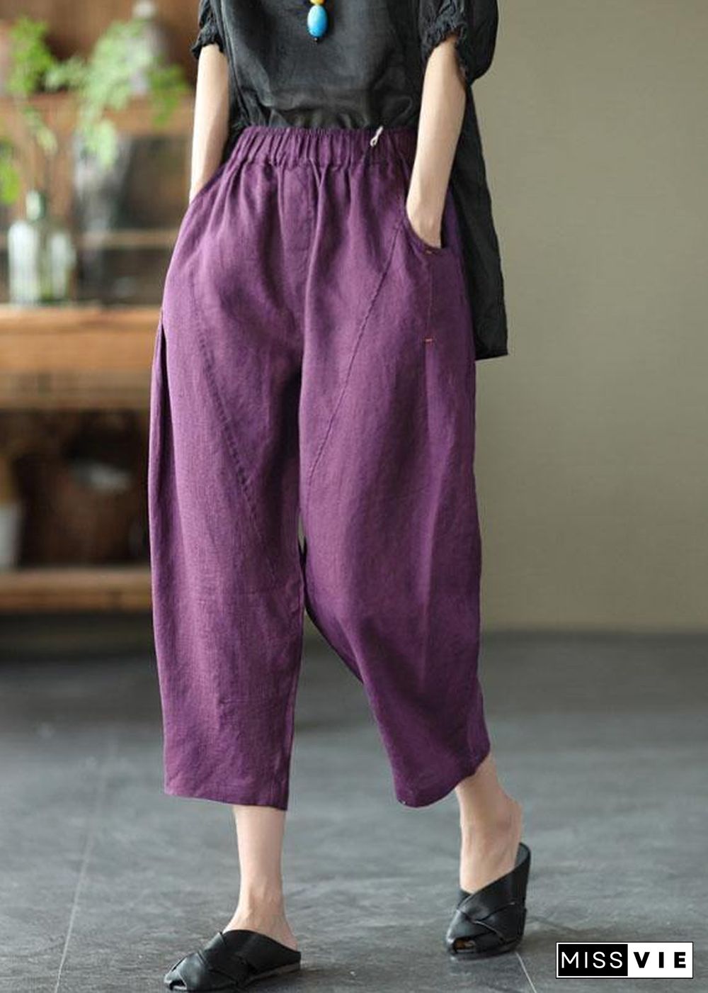 Natural yellow-half pattern Elastic Waist Summer Linen Harem Pants