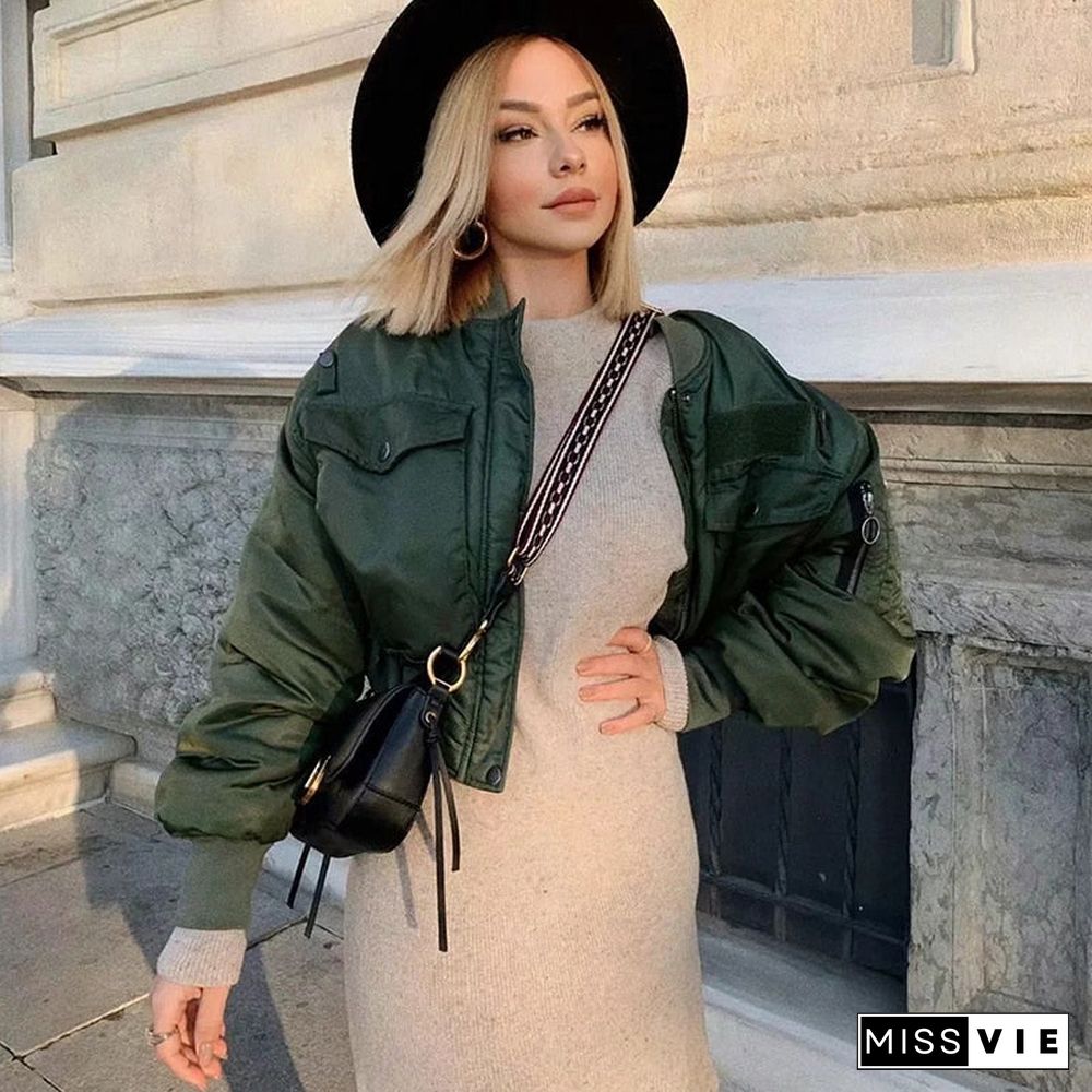 Stylish Lady Autumn Winter Za Green Short Jackets Women Fashion Long Sleeve Zipper Bomber Jacket Outwear Women'S Coat