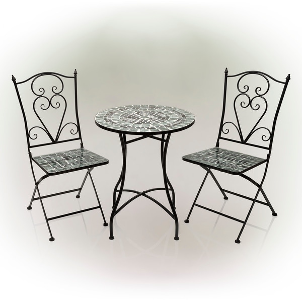 Alpine Corporation Indoor/Outdoor Marbled Glass Mosaic 3Piece Bistro Set Folding Table and Chairs Patio Seating