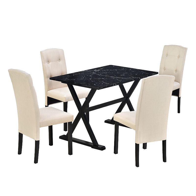 Solid Wood 5-Piece Dining Table Set with Faux Marble Tabletop and Upholstered Dining Chairs for 4