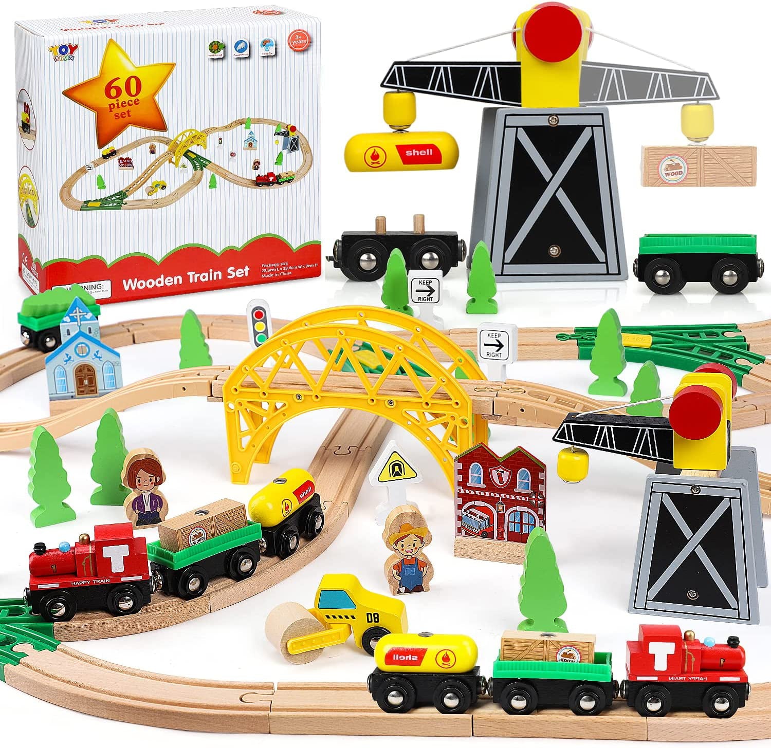 TOY Life Wooden Train Set 60pcs Toddler Boy Toys for 3 Year Old Boys - Wood Train Set with Crane Wood Train Tracks Toys Fits Thomas Brio Melisa Chugginton Train Track Set Wooden Railway Gifts for Boys