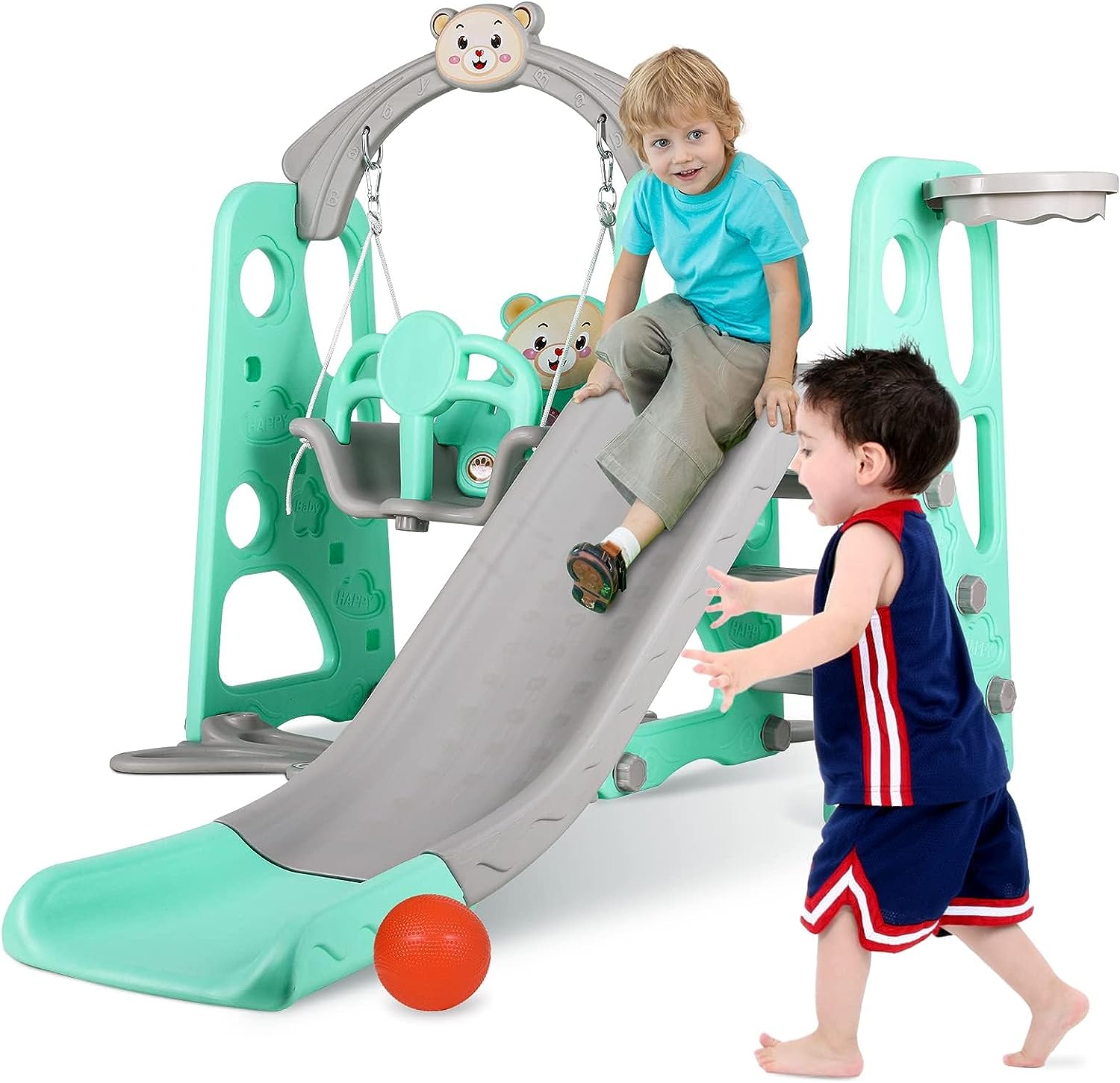 Swing Slide Baby Kids Swing Slide Climber Set Playset Playground Set with Basketball Hoop and Ball