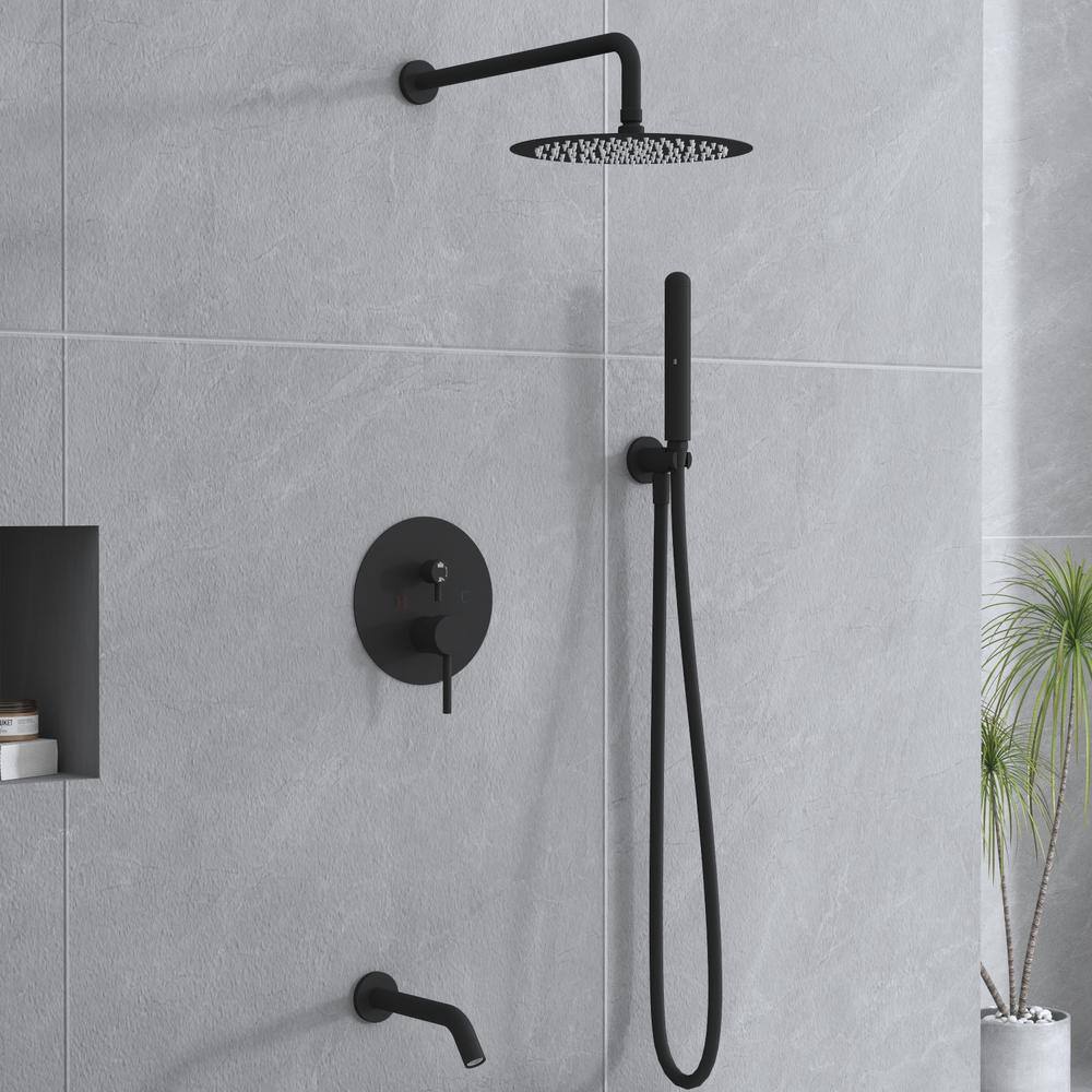 Kingdely 10 in. 3-Spray Wall Bar Shower Kit With Handhold Shower Rain Shower Head Tub Faucets Set With Valve in Black KF020295-01-c