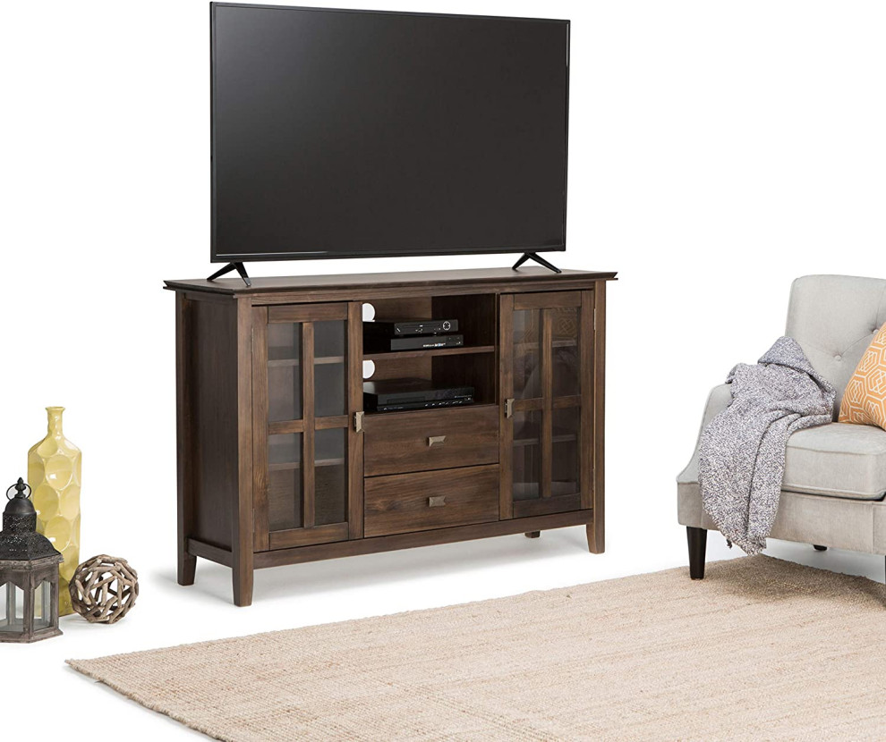 Contemporary TV Stand  Pine Wood Frame With Glass Doors   Transitional   Entertainment Centers And Tv Stands   by Decorn  Houzz