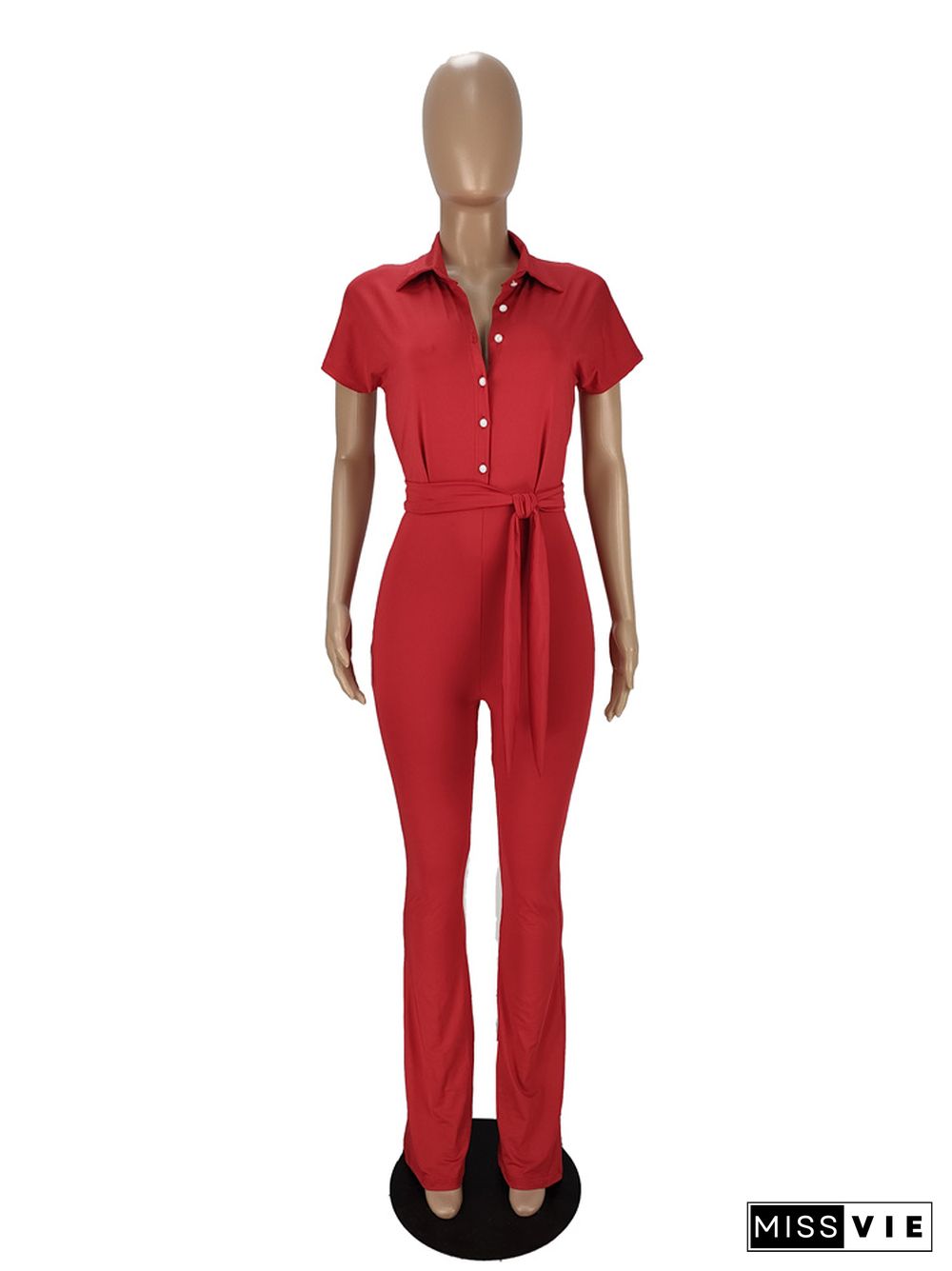 Elegant Short Sleeve Button Up Lace-Up Jumpsuit