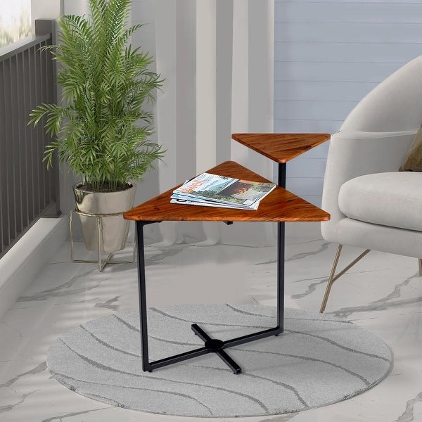 21 Inch Triangular Acacia Wood Accent End Table with 2 Tier Tabletops， Brown， Black - 18