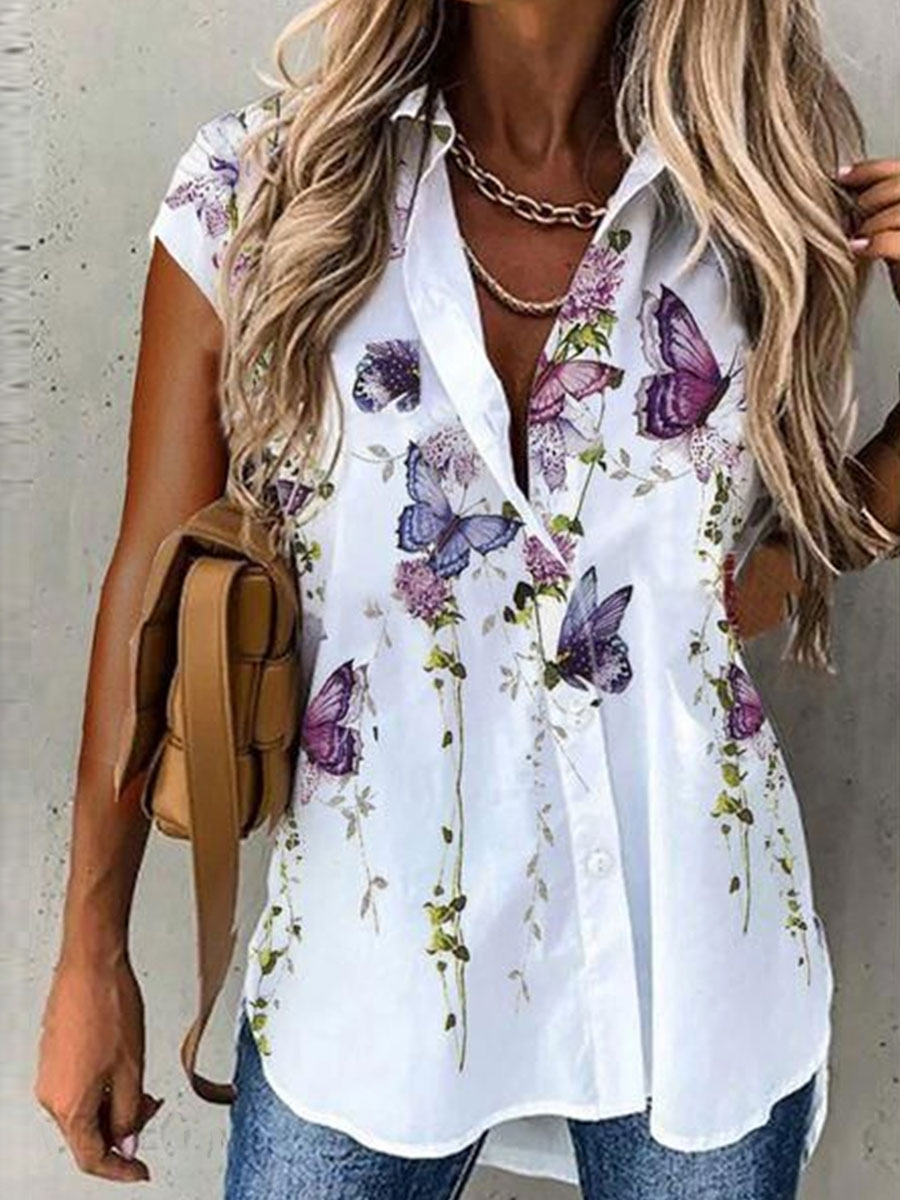 Casual Loose Butterfly Print Short Sleeve Blouse