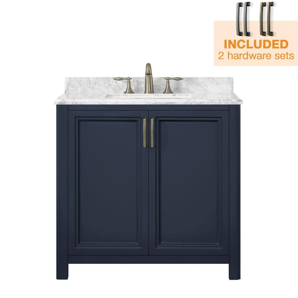 Home Decorators Collection Sandon 36 in. W x 22 in. D x 34.5 in. H Single Sink Bath Vanity in Midnight Blue with White Carrara Marble Top Sandon 36MB