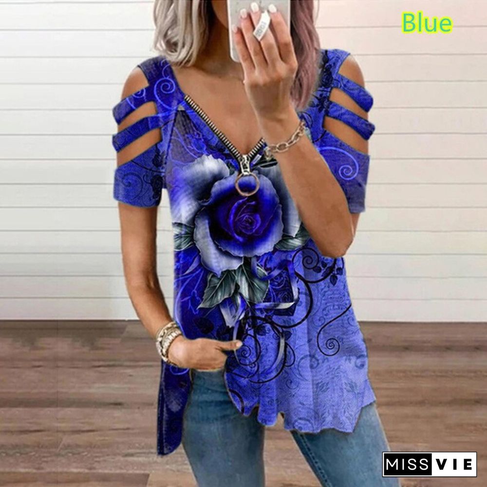 Summer New Fashion Women's Rose Flower Printed Sleeveless Casual Zipper V-neck T-shirt Soft and Comfortable Thin Loose Cute Top Shirt XS-5XL