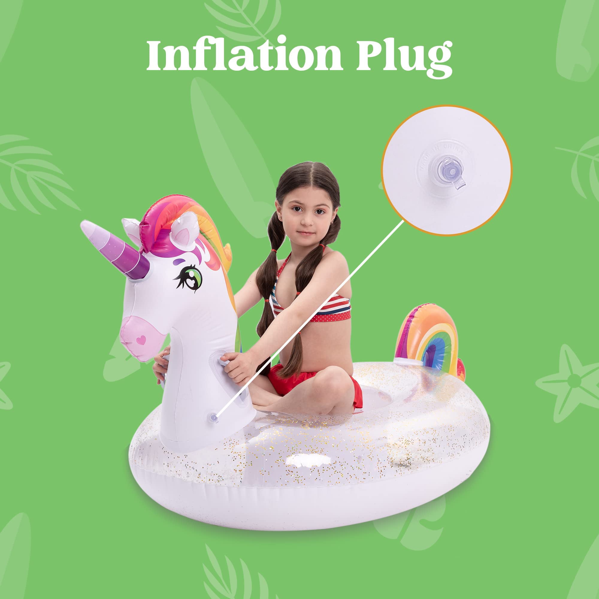 JOYIN Inflatable Unicorn Pool Float with Glitters, Fun Beach Floaties, Ride On Unicorn Raft, Pool Toys, Summer Party Lounge Raft Decorations for Kids (69” x 29.5” x33.5”)