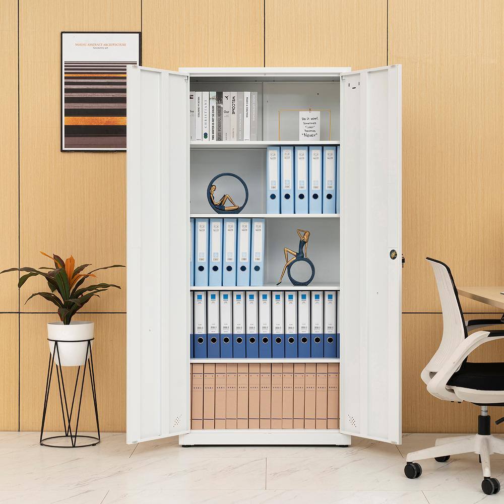 🎉Limited Time Offer🎉White Metal Storage Cabinet with 2-Doors and 4 Shelves Lockable Tall Cabinet for Home Office Garage Kitchen Pantry ZT-W25262850