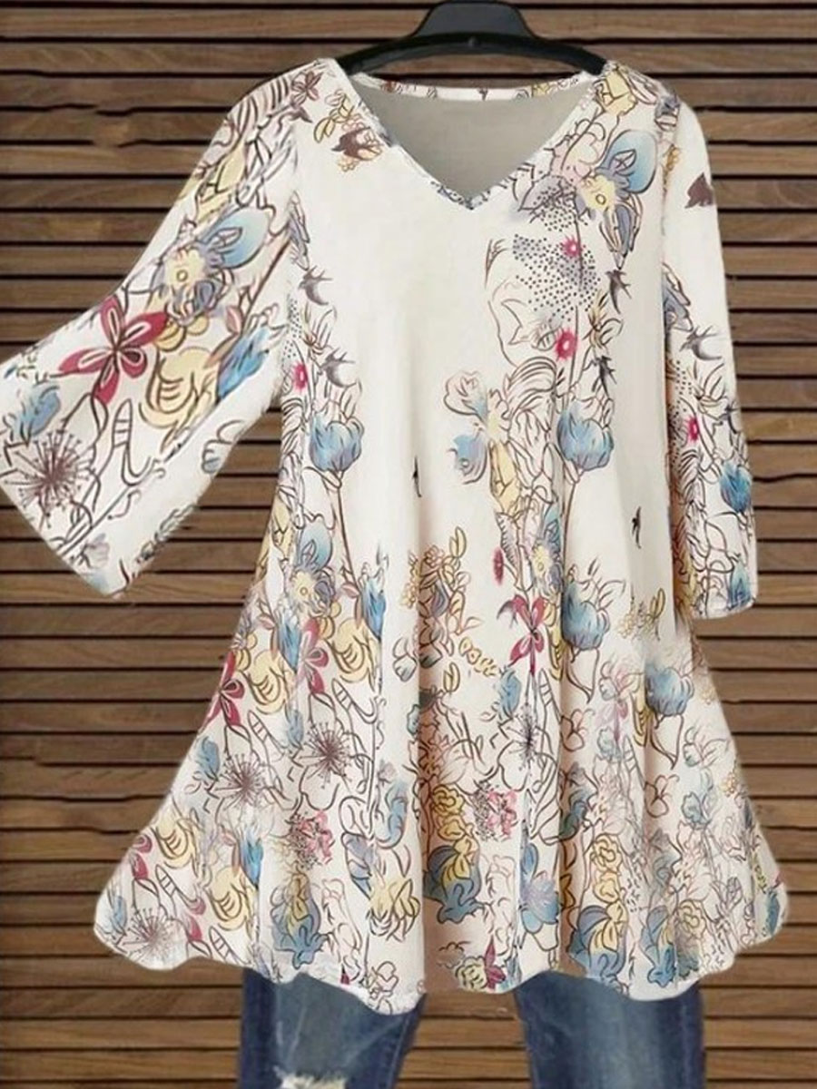 V-neck Casual Loose Floral Print Long Sleeve Blouse