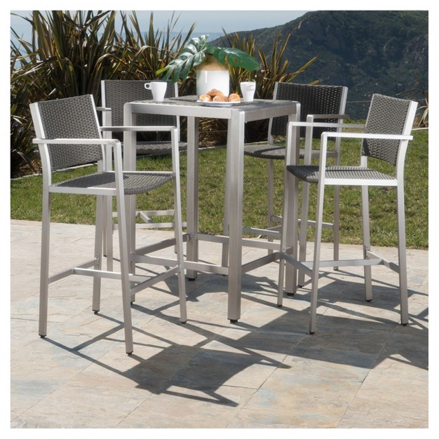 Cape Coral 5pc All weather Wicker metal Patio Bar Set With 4 Stools Gray Christopher Knight Home