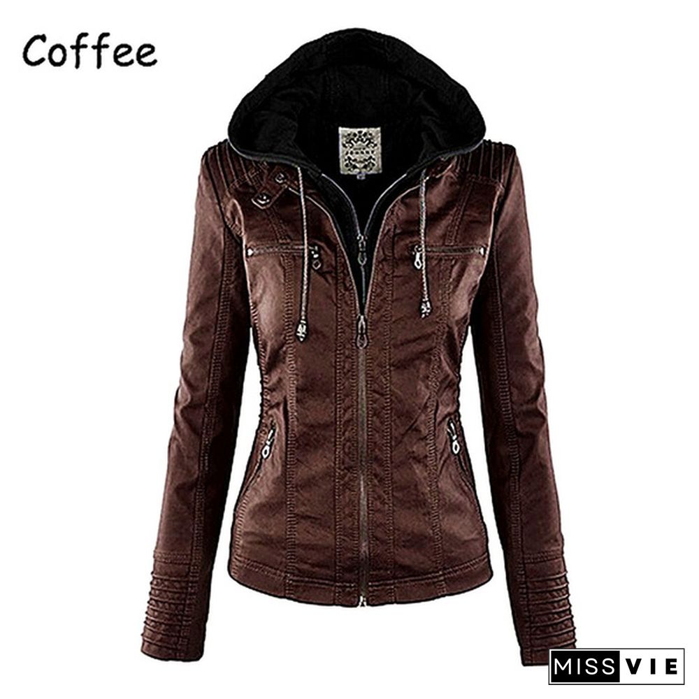 New Arrival Plus Size Women Fashion Autumn Winter Coat Jacket Long Sleeve Zipper New Women's Stylish Slim Removable Hooded Leather Jackets Coat Ladies Tops Motorcycle Coat Outerwear