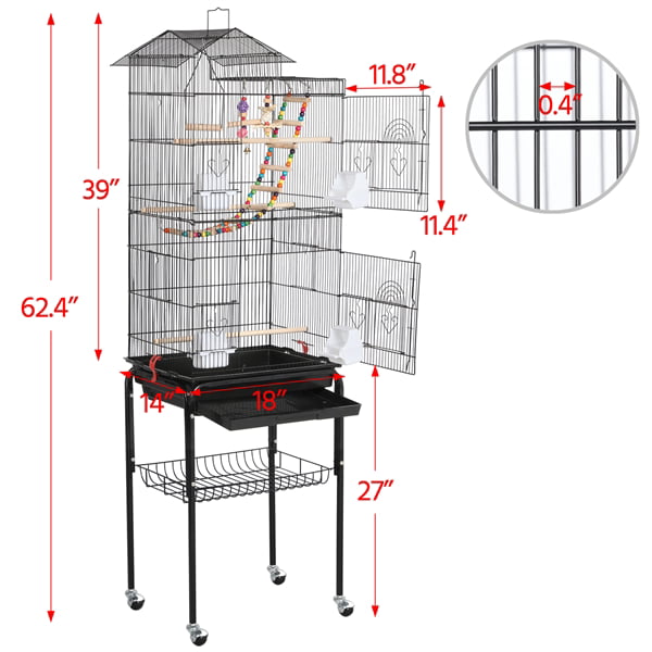 Topeakmart 62.4'' H Rolling Metal Bird Cage with Detachable Stand and Toys， Black