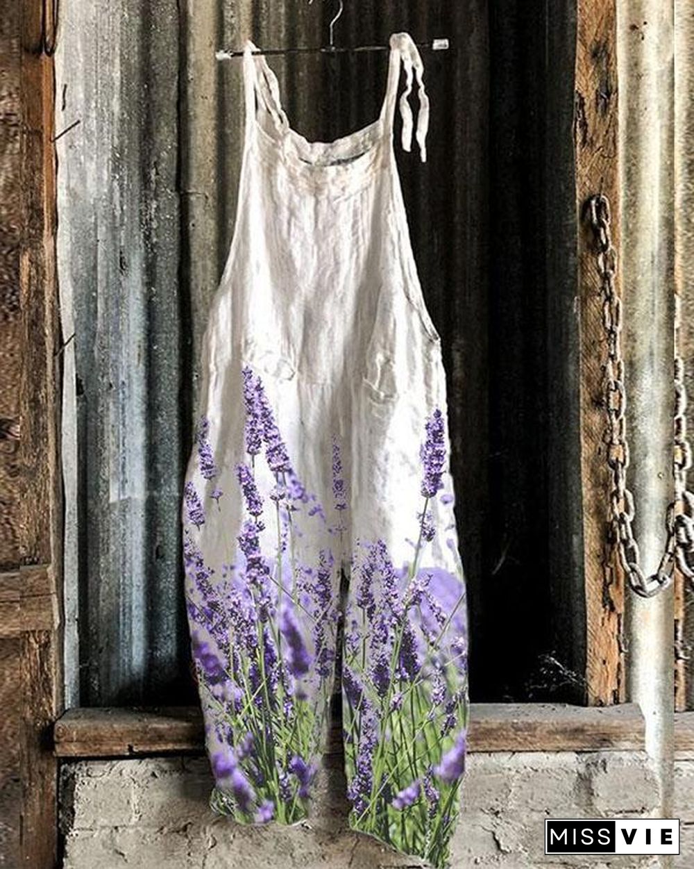 Women Romantic Lavender Print Linen Jumpsuits