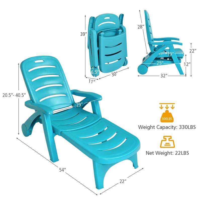 Rolling Folding Plastic Pool Lounge Chair with Armrests, 5-Position Outdoor Sun Lounger Patio Deck Chair Beach Chair