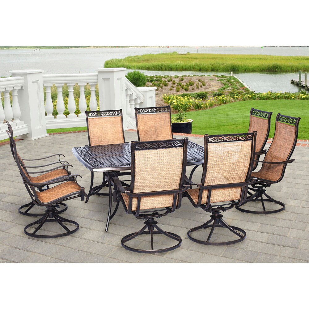 Hanover Manor Tan Aluminum 9 piece Outdoor Dining Set With Large Square Table and 8 Swivel Rockers