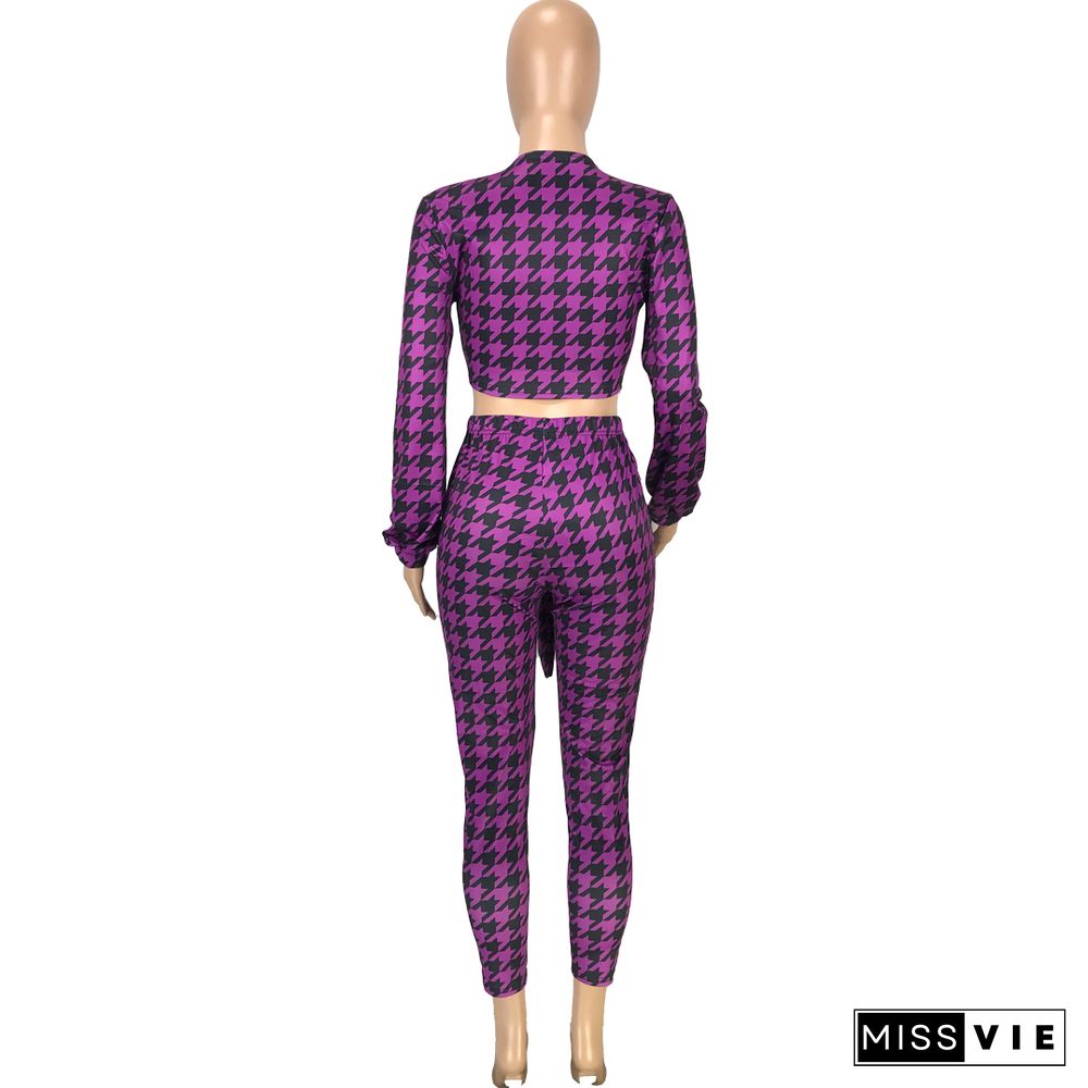 Houndstooth Print Bandage Crop Top Pants Set