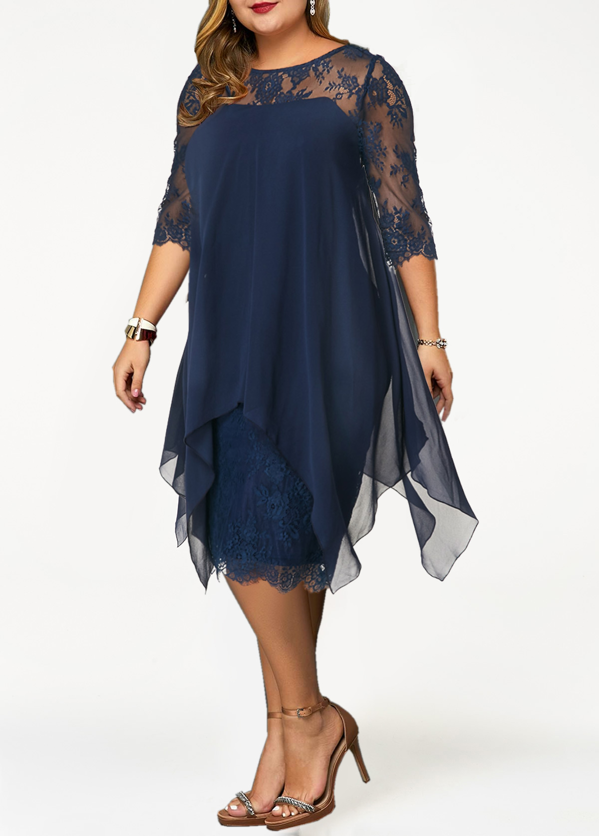 Chiffon Overlay Three Quarter Sleeve Lace Dress