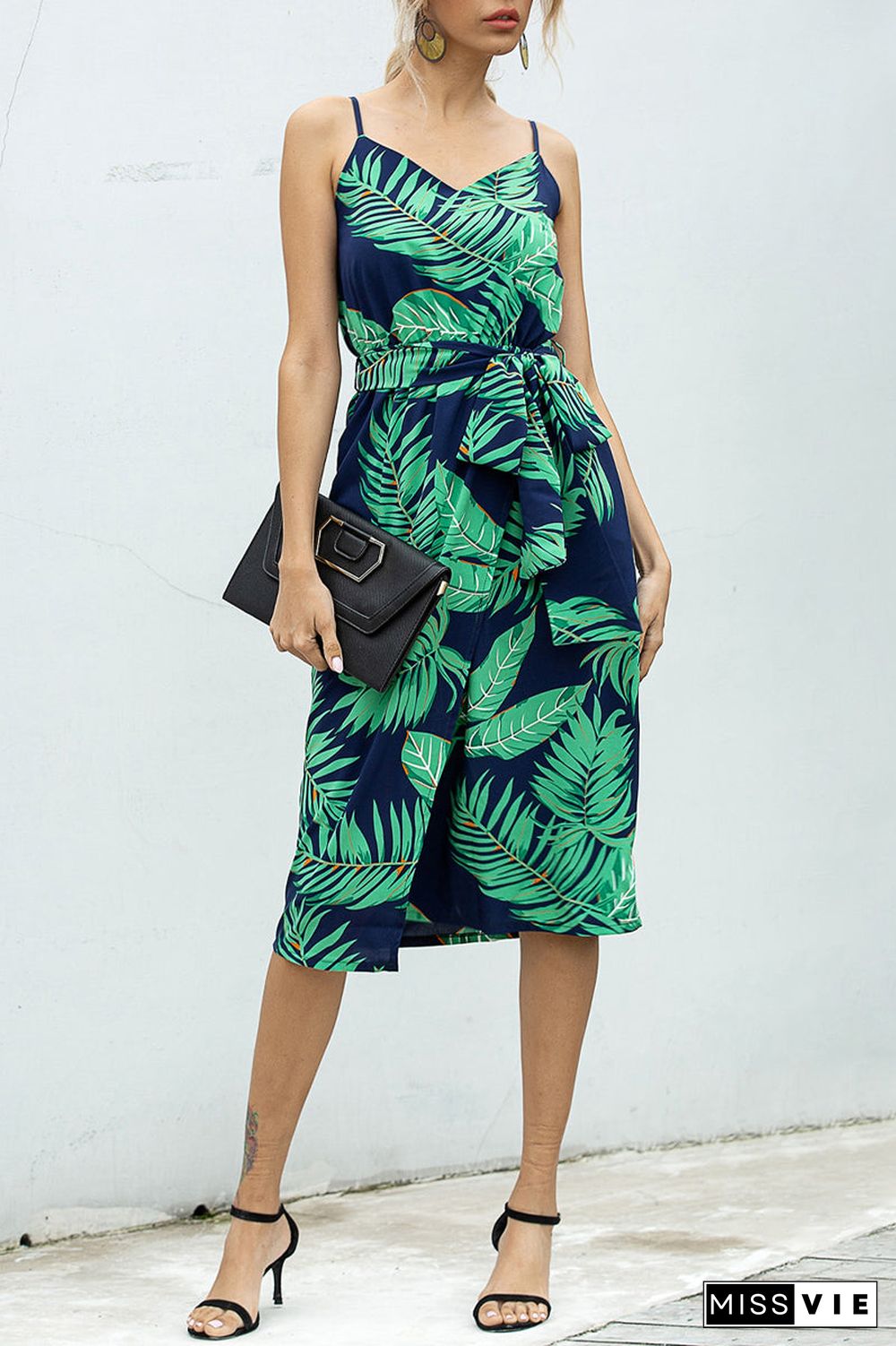 Digital Print Tie Up Halter V-Neck Midi Dress