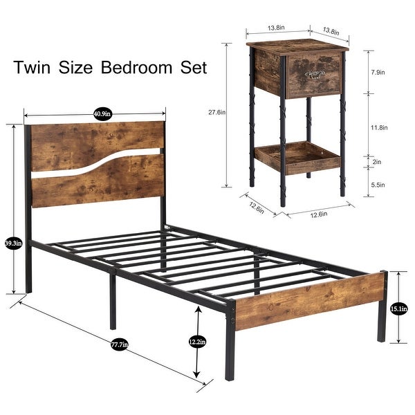 Taomika 3-pieces Bedroom Set with Platform Bed Frame and Nightstands Set of 2，Rustic Brown - - 36189199