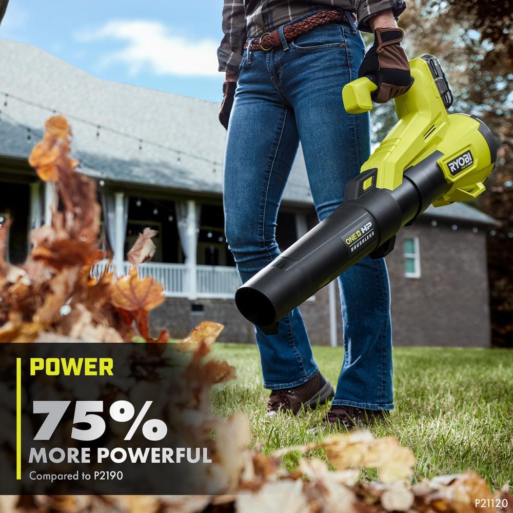 RYOBI ONE+ HP 18V Brushless 110 MPH 350 CFM Cordless Variable-Speed Jet Fan Leaf Blower w/ 4.0 Ah Battery and Charger P21120