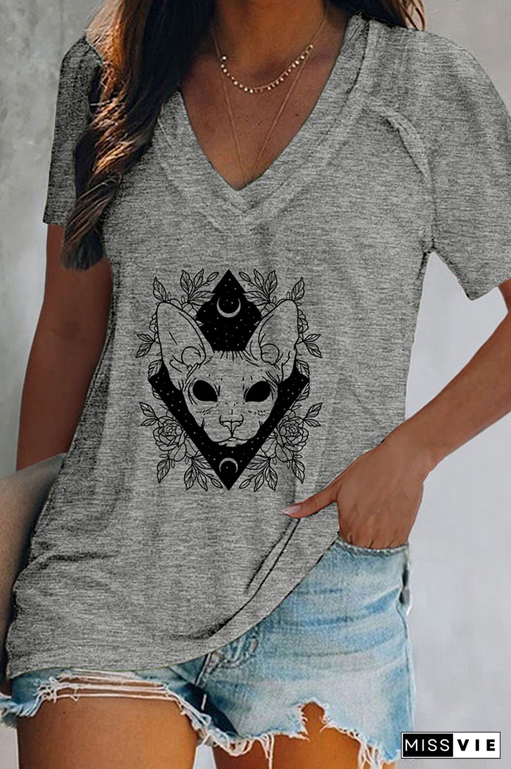 Mystic Sphynx V Neck Graphic Tee