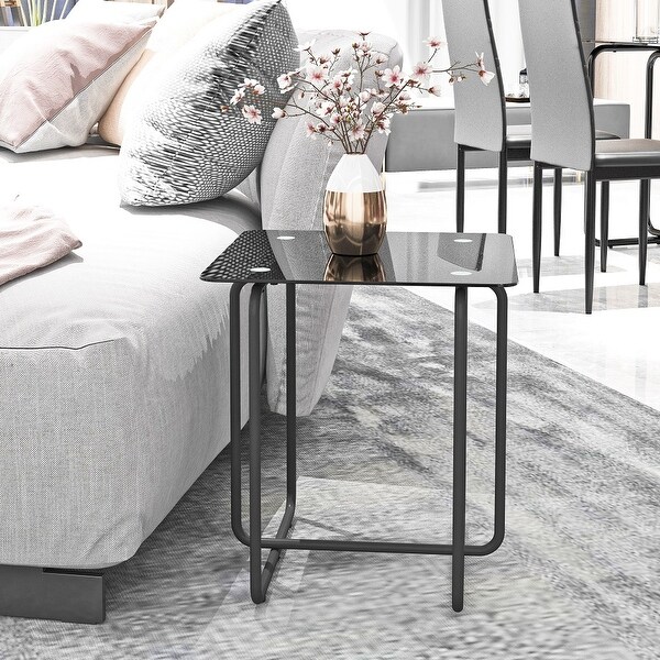 Modern Style Square Side Table with Glass Tabletop and Metal Legs