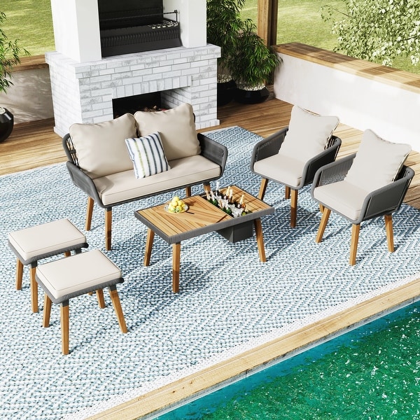 Deep Seat Patio Conversation Set with Two Stools for Backyard Porch Balcony，6Piece