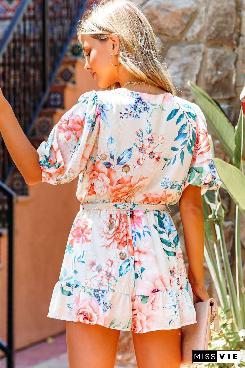 Floral Print Puff Sleeves Romper