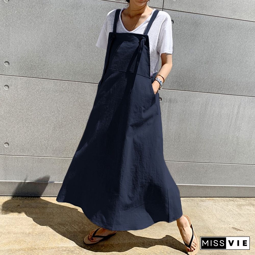 Women Summer Plus Size Strappy Maxi Sundress Loose Solid Pinafore Overalls Holiday Dress Oversized