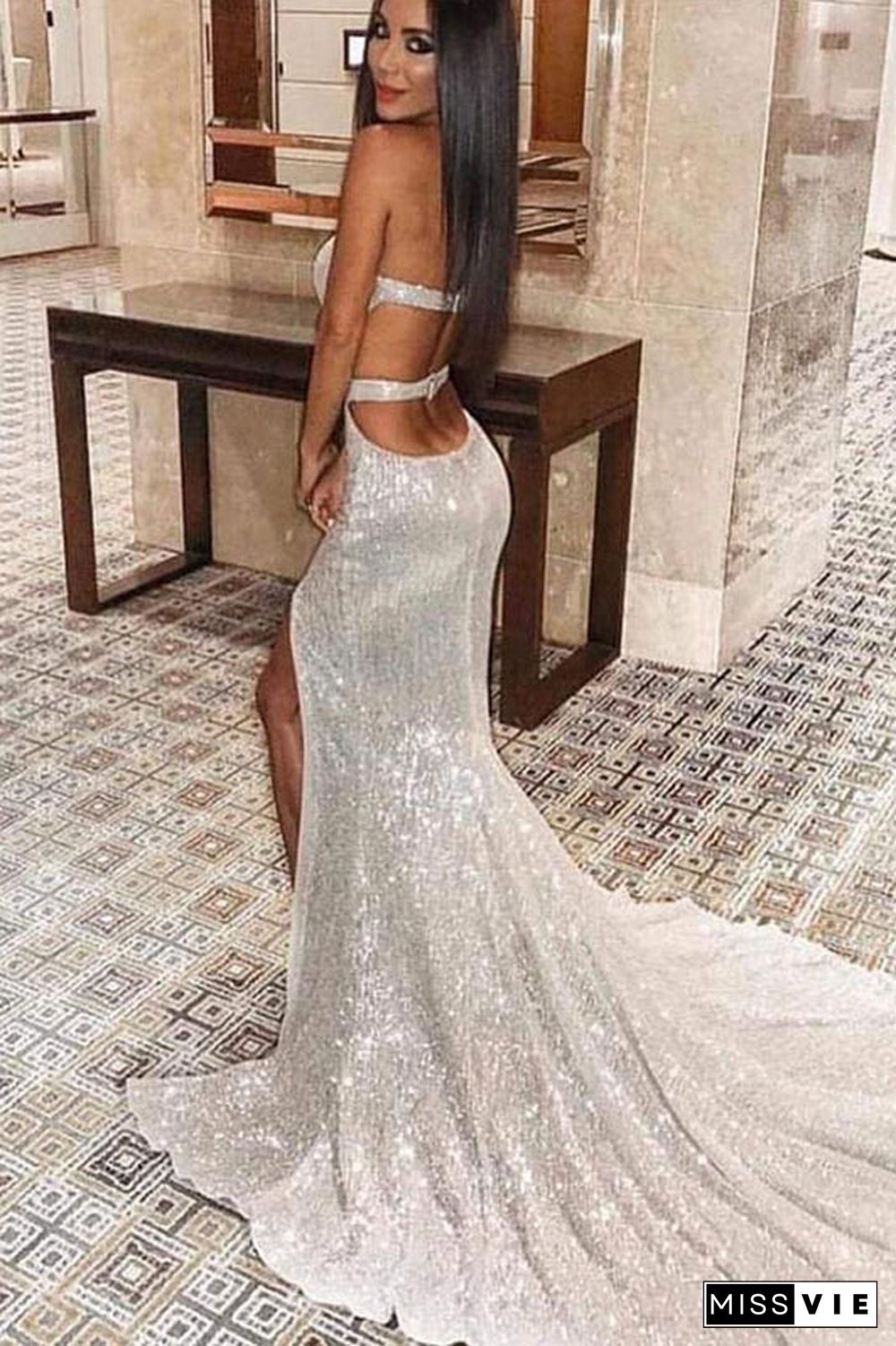 Sexy Strapless Backless Sequined Evening Dress