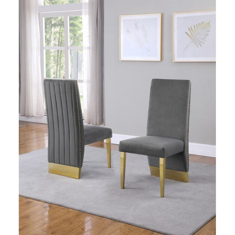 Maklaine Gray Tufted Velvet Accent Side Chairs in Gold Chrome (Set of 2)   Contemporary   Dining Chairs   by Homesquare  Houzz