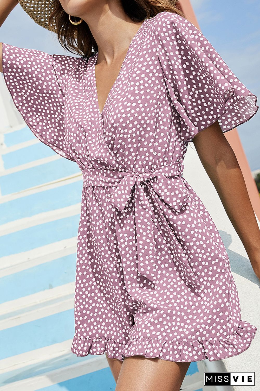 Polka Dot V Neck Waist Tie Ruffle Romper