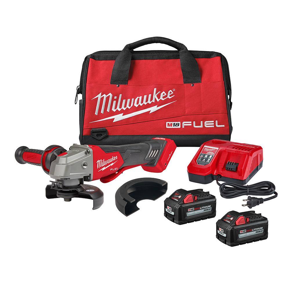 MW M18 FUEL 18V Lithium-Ion Brushless Cordless 4-12 in.5 in. Braking Grinder Kit wPaddle Switch  (2)6.0 Batteries 2882-22