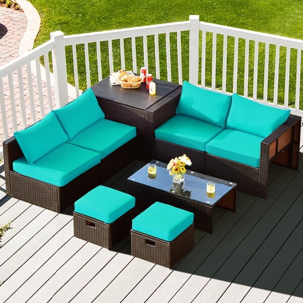 Gymax 8PCS Patio Rattan PE Wicker Conversation Set AllWeather