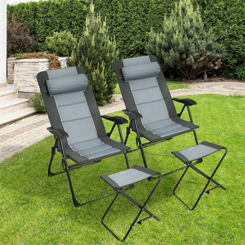 2-Pack Patio Folding Dining Chairs with Ottoman, Headrest, Mesh Bag, 7-Position Outdoor Portable Recliner Lawn Lounge Chair