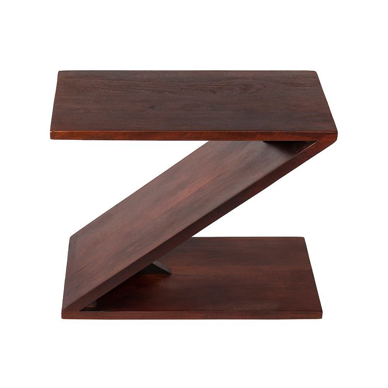 24 Inch Rectangular Mango Wood Side Table， Z Shaped Frame， Dark Brown