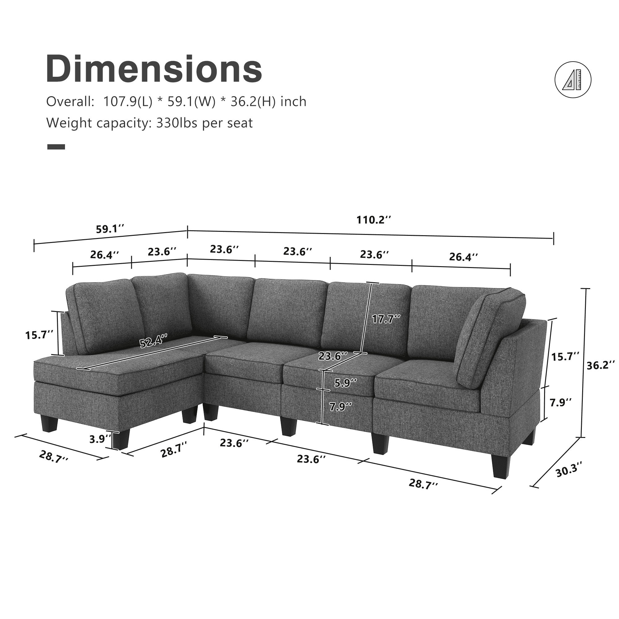 HONBAY L Shaped Sofa Sectional Couch Corner Sofa Couch with Adjustable Chaise for Living Room, Light Grey