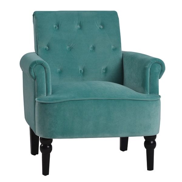 Elegant Button Tufted Club Chair Accent Armchairs Roll Arm Living Room Cushion with Wooden Legs， Teal Velvet