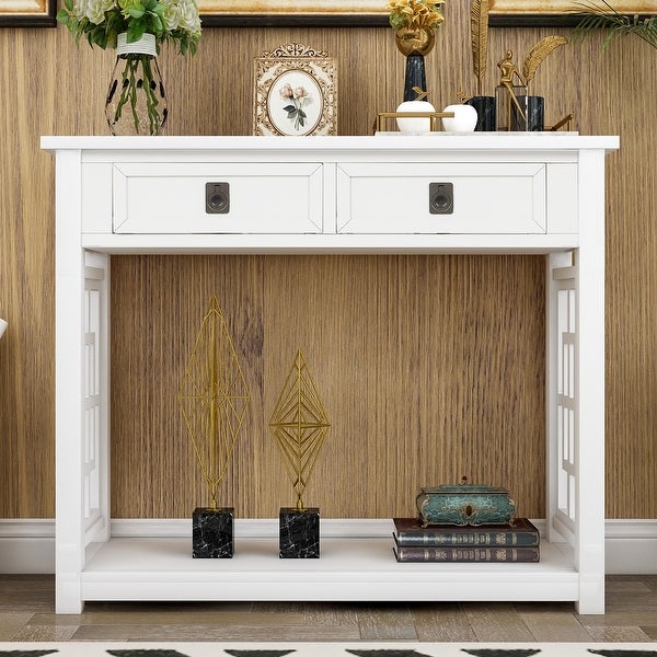 Classic Console Table with 2 Drawers and Open Bottom Shelf， Solid Wood Side Table Entryway Table for Entryway Living Room Bedroom