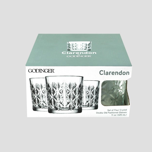 11oz 4pk Crystal Claredon Double Old fashion Glasses Godinger Silver