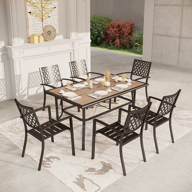 7pc Metal Patio Dining Set With Rectangular Umbrella Table amp 6 Stackable Chairs Captiva Designs