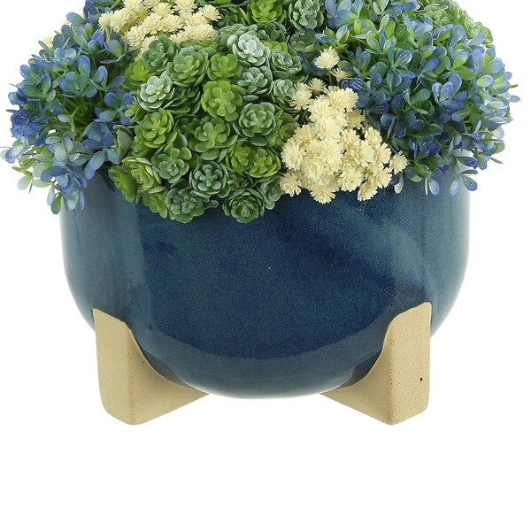 Snowball Hydrangea，Succulent and Baby's Breath Florals Arranged in a Ceramic Pot